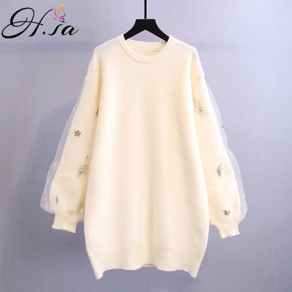 H.SA Frauen Lange Winter Gestrickte Pullover Kleid Stickerei Gaze Pullover Pullover Pullover Kleid Kawaii Nette Jumper Winter Tops 210716