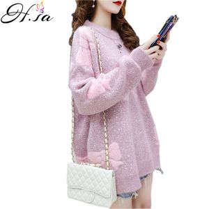 H.SA Femmes Pull surdimensionné et Pulls O Cou Bow Jumpers Spring Korean Knit Sweaters Purple Pink Knitwear Pull 210417