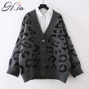 H.SA Dames Oversized Sweater Ponchoes V-hals Button Up Leopard Knit Tops Femme Losse Vesten Jersey Mujer 210417