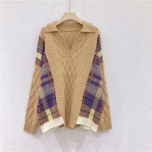 H.SA Dames Plaid Winter Sweaters Turn Down Collar Twisted Pullovers Patchwork Casual Jumpers Warm Dikke Cashemere Trui 210417