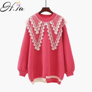 H.SA Mujeres Jersey y suéteres Invierno Pull Jumpers Lace Stitch Coreano Knit Tops College Style Girs Christmas Sweater 210417