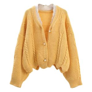 H.SA Mujeres Suéter de otoño corto y cardigans Perlas Abalorios Jumpers de gran tamaño Green Outwear Knit Top Winter Ctop Jacket 210417