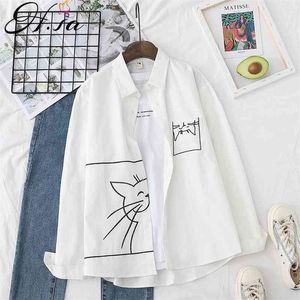 HSA Women Spring Cartoon Blouses Pocket Cat White Blouse en shirts lange mouwen oversized casual blusa tops chic kat shirts 210326