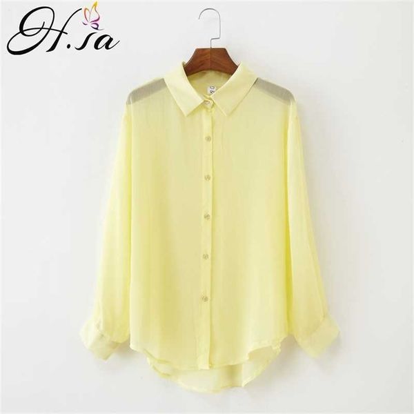 HSA Femmes Blouses D'été À Manches Longues Col Rabattu Blusa Et Tops Irréguliers Voir À Travers Des Chemises En Mousseline De Soie Jaune Blanc Top 210716