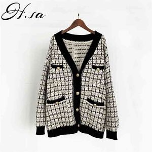 H.SA femmes pull veste surdimensionné tricoté Cardigans lâche Plaid pulls coréen Houndsmooth Robe longue Elegnat femme manteau 210417