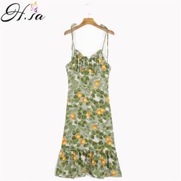 H.SA Vrouwen Zoete V-hals Agarische Kant Fruit Print Slanke Sling Strap Jurk Vrouwelijke Elastische Vestidos Chic Geplooide Ruffles Jurken 210417