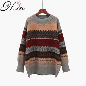 H.SA Dames Vintage Pullover en Sweaters Winter Losse Stijl Gestreepte Pull Jumpers Koreaanse Knitwear Casual Tops Femme 210417