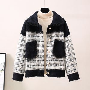 H.SA Dames Warme Jas Turn Down Collar Faux Bont Pocket Black White Plaid Elegante Vrouwelijke Winter Trui Vesten 210417