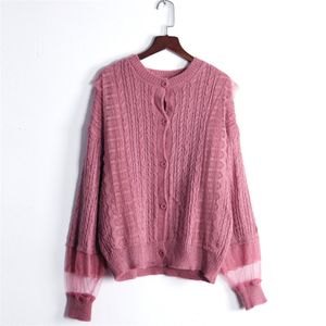 H.SA Dames Wit Holle Jumpers Roze Trui Button Up Kant Stitch Sexy Knit Cardigans 210417