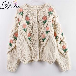 H.SA Femmes Hiver À La Main Chandail Et Cardigans Floral Broderie Évider Chic Tricot Veste Perle Perles Cardigans 211103