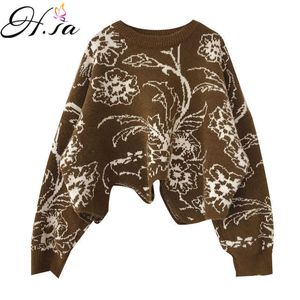 H.SA Femmes Hiver Pull Pull Floral Pulls Irrégulière Ourlet Vague Surdimensionné Graf Pull Jumpers Coréen Pull Femme Hiver 210716