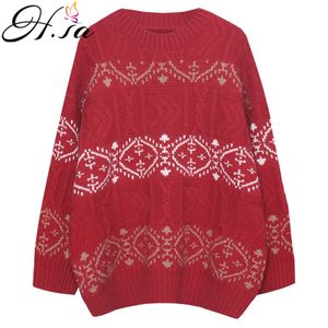 H.SA femmes pulls d'hiver rouge pulls de noël tricots décontractés rétro Vintage pull ample hauts surdimensionné Mujer 210417