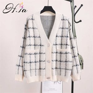 H.SA Femmes Pulls d'hiver et cardigans V ecc Col Plaid Button Up Knit Cardigans Rose Pull Pull Manteau Faux Fourrure Veste Coréenne Chevale 210716