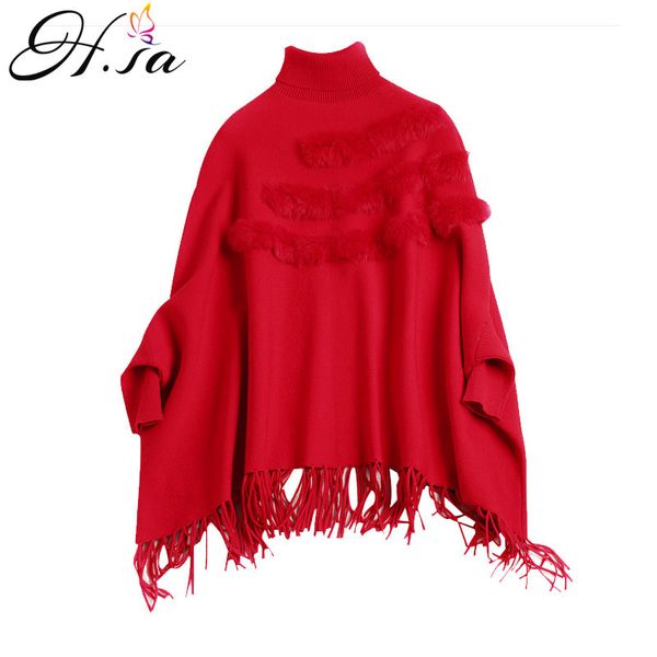 H.SA Femmes Hiver Épais Batwing Pull Pulls Col Roulé Ponchoes Véritable Fourrure De Lapin Pull De Noël Pompon Poncho Tricot Manteau 210417