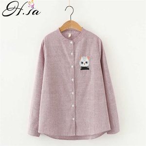 HSA Dames Tops en Blouses Long Sleeve Cartoon Cat Borduurwerk blauw roze gestreepte blouses en shirts Vintage Button Spring Tops 210716