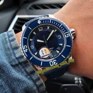 H Top Versie Fifty Fathoms 5015-12B40-O52A Blue Date Dial Cal.1315 Automatische Herenhorloge Lichtgevende Sapphire Bezel Lederen Band Sport Horloges
