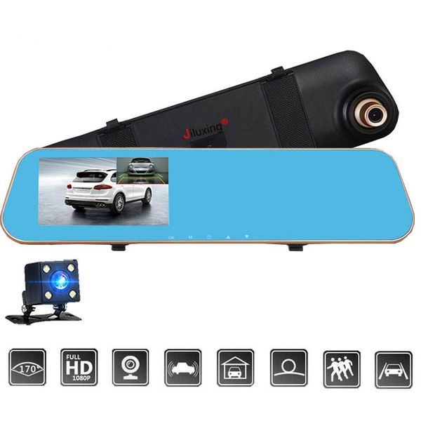 H01S HD 1080P coche DVR dos cámaras cámara de coche espejo retrovisor vídeo para automóvil registrador grabadora doble lente Dashcam