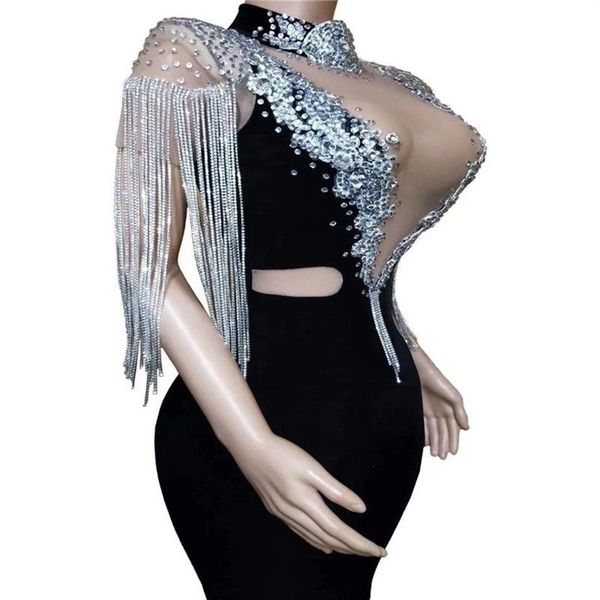 H158 Combinaison chaîne de forage diamant danseur glands transparent perle gemme QERFORMANCE Costume Sexy fête serré défilé modèle spectacle 223I