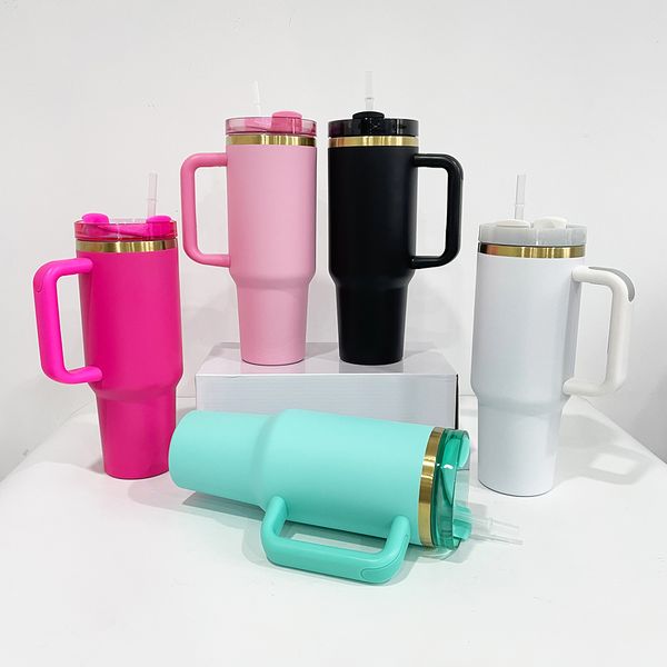 H2.0 Vaso de café con recubrimiento en polvo chapado en oro Macarone de 40 oz, tazas de viaje con aislamiento al vacío de acero inoxidable de doble pared, tazas con asa para grabado, se vende por caja