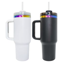 H2.0 Poedercoating, vacuümgeïsoleerd roestvrij staal, zwart wit, holografisch regenboogplated 40oz quencher-tumbler met handvat voor zonnebloemlasergravure