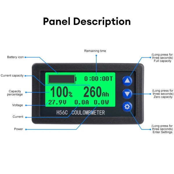 H56CH LCD Digital Hall Coulomb Metter Ammeter Voltmètre DC9-100V 50A 100A 300A 400A COURANT DE TENSAGE À LA BATTERIE COURT