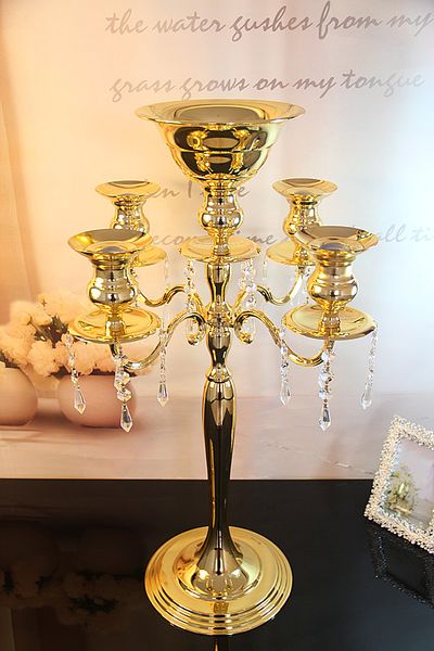 H75cm * W48cm, candelabro de cristal de 5 cabezas de color dorado, candelabro, centro de mesa de boda, candelabro de cuenco de flores con colgantes