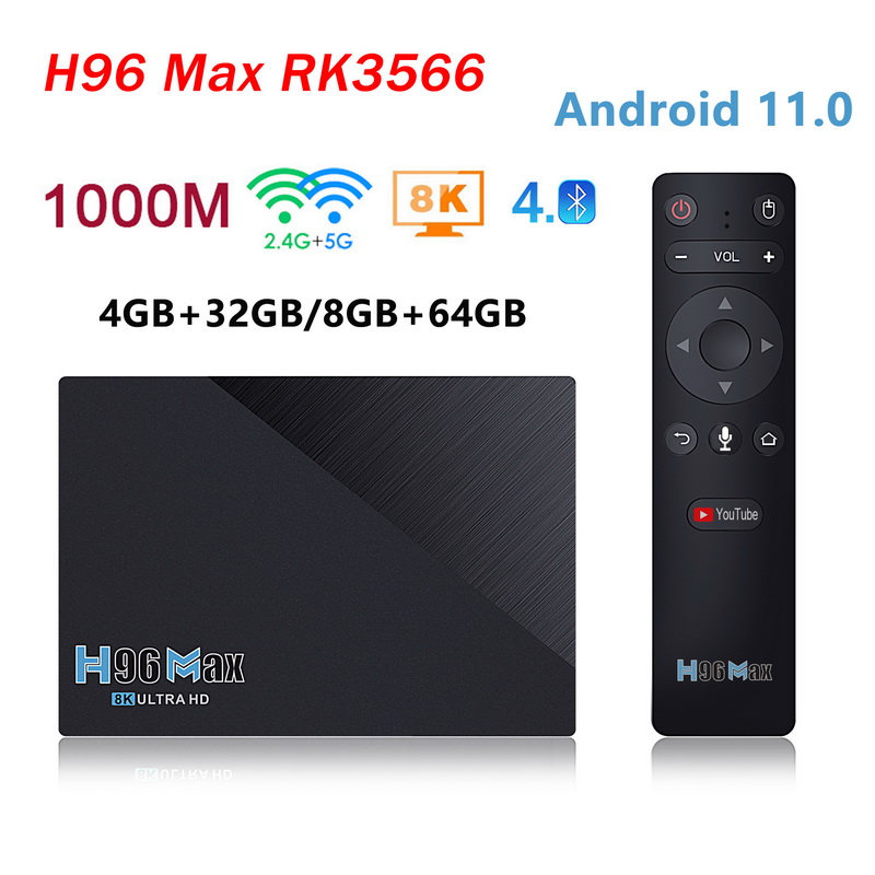H96 MAX RK3566 четырехъядерный Android 11 TV Box 8GB RAM 64GB ROM 1000M 2,4G/5G WIFI BT4.0 H96MAX TVBOX SET Topbox 4K Media Player