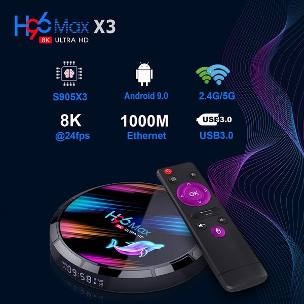 H96 MAX X3 Android 9.0 TV Box Amlogic S905X3 2.4G 5G Wifi Bluetooth 8k Décodeur 4GB 128GB
