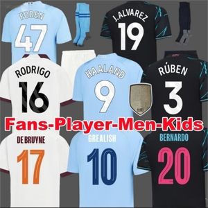 Haaland voetbaltrui de Bruyne Grealish Mans Cities Sterling Mahrez Foden Fans Player versie 2023 2024 voetbaltoppen Shirt Kids Sets apparatuur