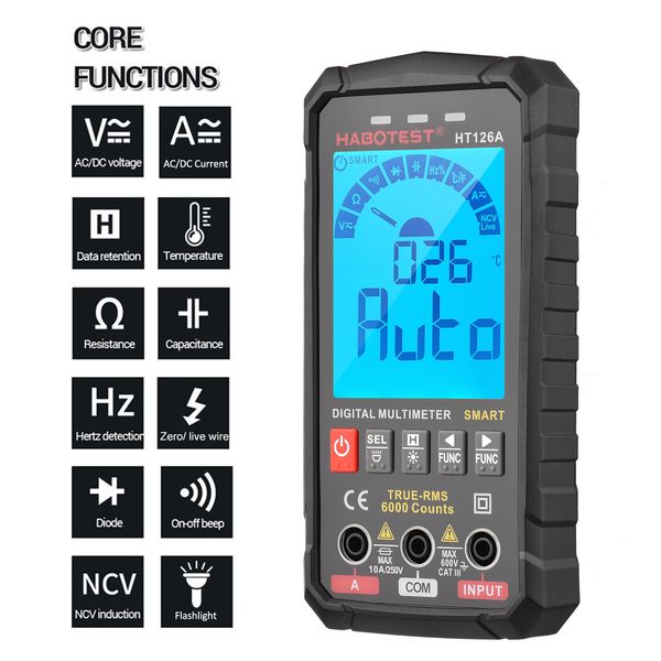 HABOTEST HT126B Smart Digital Multimeter 6000 Counts Verdadero RMS AUTO VA COLOR VA COLOR Probador eléctrico Voltímetro