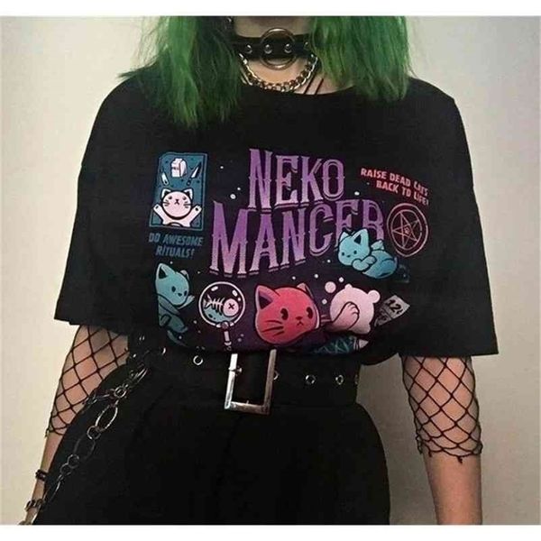 HAHAYULE YF Neko Mancer T-Shirt unisexe mignon esthétique Grunge noir Tee satantique gothique vêtements sorcière chemise 210722