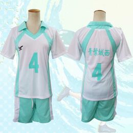 Haikyuu Aobajohsai Hoge Cosplay No.1 Oikawa Toru No.4 Hajime Iwaizumi Jersey Sportkleding T-shirt + Shorts Kostuum Halloween Pruik Y0913