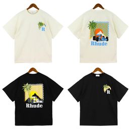 Haikyuu rhude t shirt Summer American High Street Coconut Palm Truck Print Mens Designer Loose Casual and Womens Couples avec le même tshirt rond