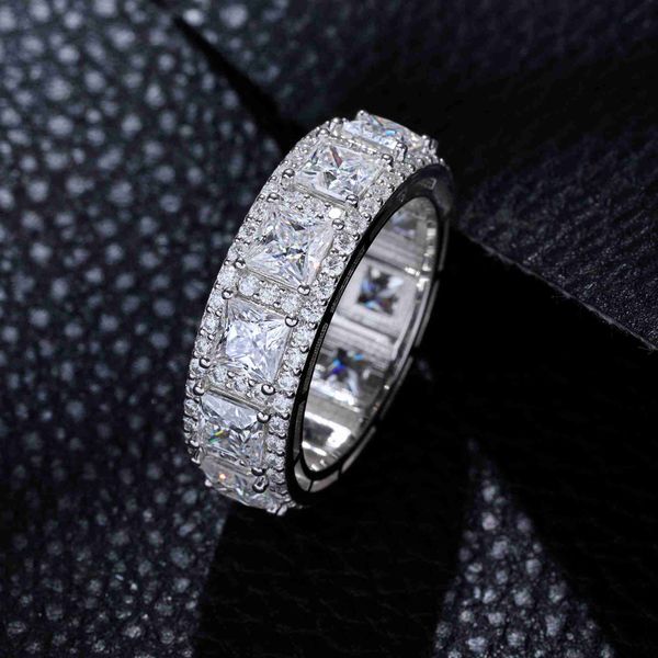 Hailer Joyas Anillo de piedra cuadrada Diseños Plata de ley Halo Bodas Hombres Banda Moissanite Hombres