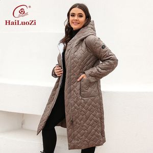 HaiLuoZi printemps veste pour femmes longue femme manteau chaud grande taille Parkas mode ceinture conception à capuche matelassé vêtements d'extérieur 7081 240131