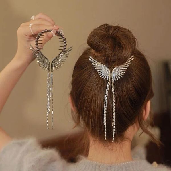 Haimeikang New Angel Wings Hair Bun Coils Clips Femmes Filles Girls Rignestone Tassel Ponytail Bouton Hairpin Golden Fashion ACCESSOIRES