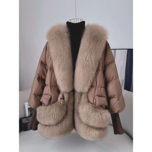 Haining Fur 2023 hiver nouveau col de plumes de renard femmes mi-longueur chaud et à la mode manteau en duvet d'oie 441033