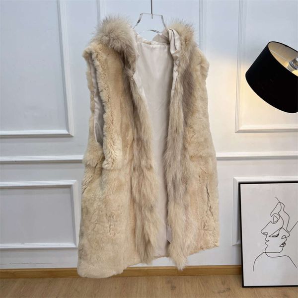 Haining-Chaleco de piel auténtica para mujer, chaqueta con cuello de piel de mapache, nutria, pelo de conejo, 91616 947071