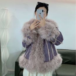 Haining nouveau manteau surdimensionné en fourrure de lapin Angora intégré en laine à grand col de longueur moyenne pour femmes 296833