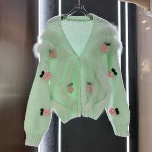 Haining nuevo abrigo de piel de pelo de zorro suéter corto de punto de flores para mujer cárdigan tiras de coche joven y a la moda 386553