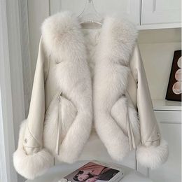 Haining hiver nouvelle fourrure de renard complète femmes courte en cuir véritable peau de mouton minceur veste en duvet d'oie 254822
