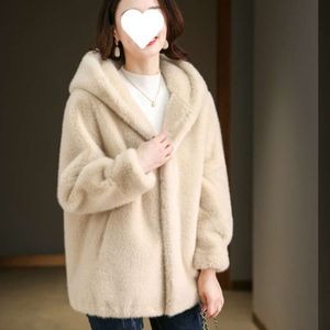 Haining-abrigo de longitud media de visón Fury con capucha para mujer, abrigo de piel respetuoso con el medio ambiente, 3948 y, invierno, 2023