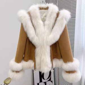 Haining femmes 2023 hiver coréen véritable renard avec peluche mode haute qualité manteau de fourrure 402226