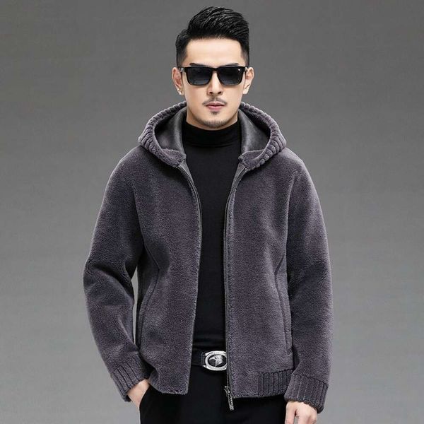 Hainings Designer Hommes Pure Laine Fourrure Intégrée À Capuche Courte Veste Chaude Hiver Protection Contre Le Froid XUQR