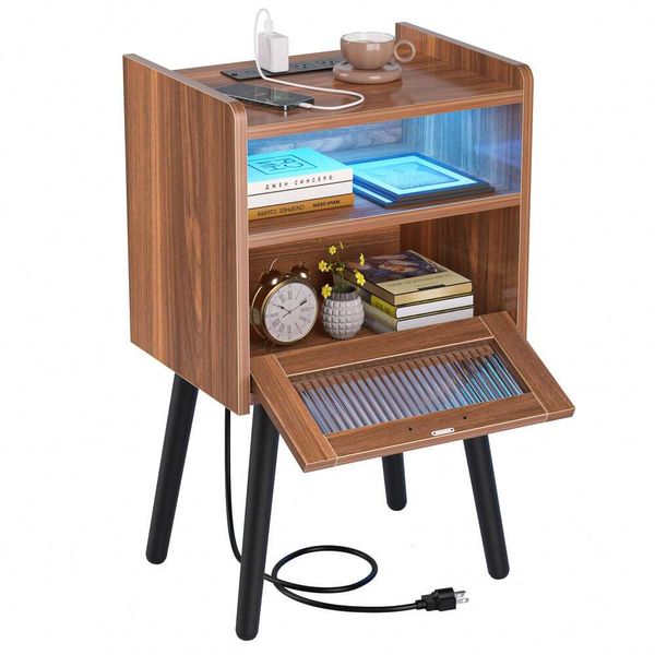 HAIOOU Prise de courant avec port USB de chevet, lumière LED médiévale, tiroirs à café modernes, porte en verre, étagère ouverte, table d'appoint avec pieds en pin, convient pour la chambre à coucher,