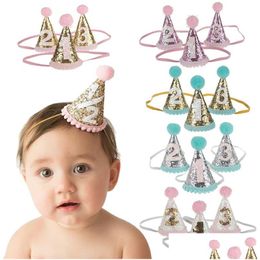 Accesorios para el cabello 1/2/3 Fiesta de cumpleaños Sombreros Diadema Corona Princesa Príncipe Tocado Baby Shower Decoración para niños 20 colores Gota Deliv Dhayt