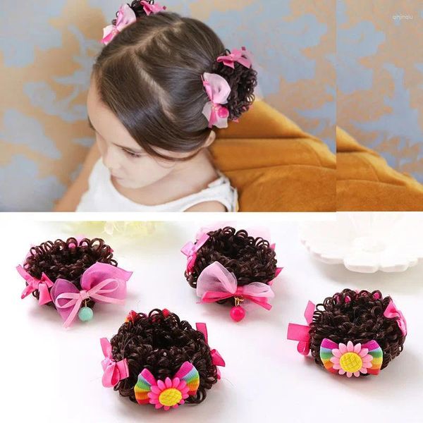 Accesorios para el cabello 1 par de bandas elásticas con lazo de flores con peluca Clips para niñas carrete para niños cabeza de bola de pelo