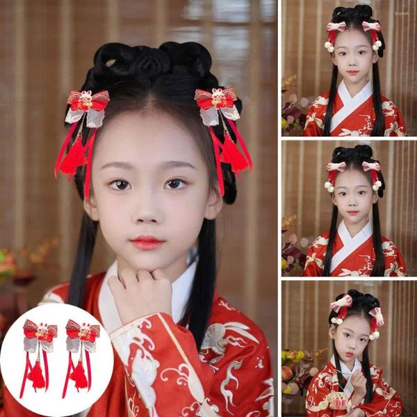 Accesorios para el cabello 1 par de clips de lazo rojo con pompones borrosos blancos lindo estilo chino mujeres niñas niños festival de primavera