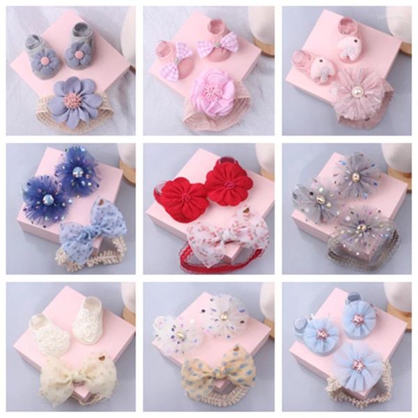 Accesorios para el cabello 1 juego Regalo de Navidad Flores lindas Baby Girls Diadema Calcetines Dibujos animados Animal Bow Born Band Kids Headwear