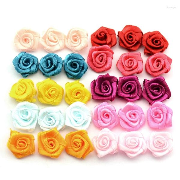 Accessoires pour cheveux 100 pièces Mini fleurs en tissu pour artisanat multicolore Rose ruban nœuds petites Rosettes bricolage couture Appliques main A